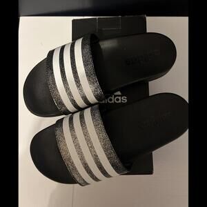 adidas Adilette Comfort Youth Slide Sandals Size 3Y Black Silver Glitter NIB